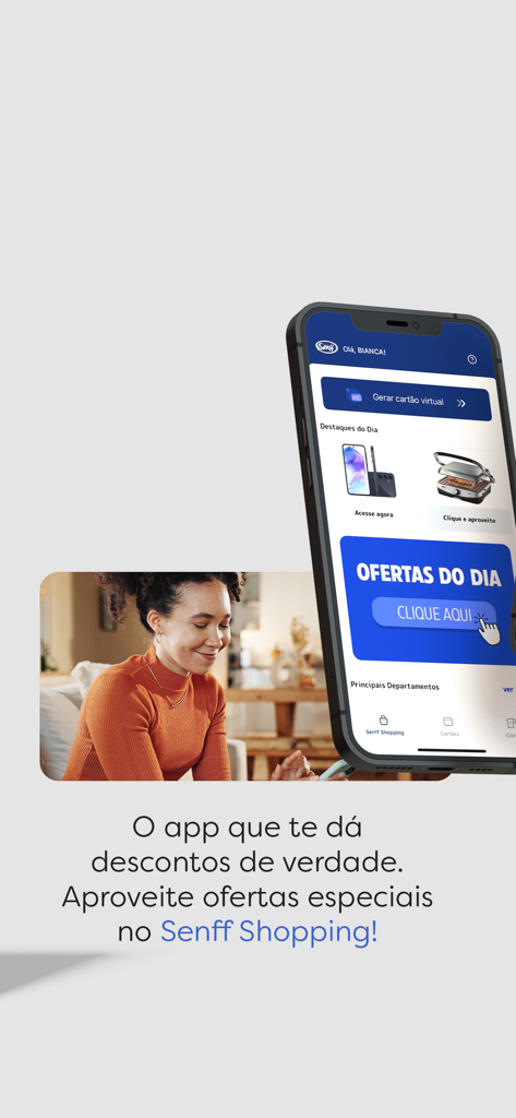 Senff Clientes: Cartão e + - Senff Clientes app interface showing daily shopping discounts and virtual card options
