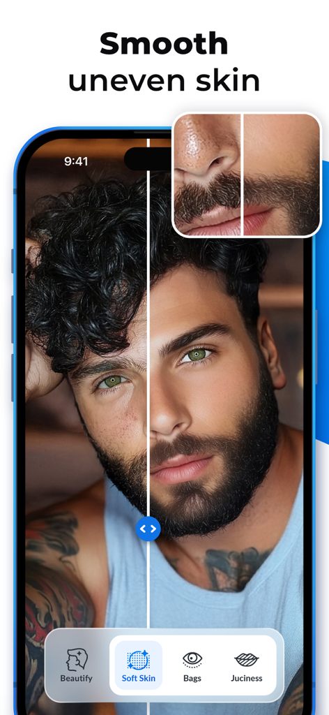 A before and after split screen demonstration of the skin smoothing feature on a male face in the Facelab app