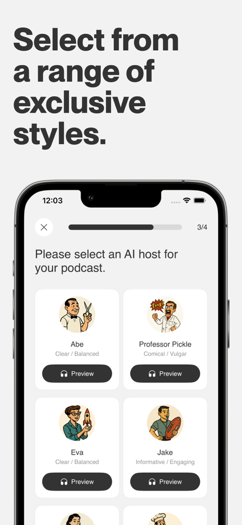Castify — Generate AI Podcasts - Mobile screen showing a variety of AI hosts to choose from in the Castify app including Abe and Professor Pickle
