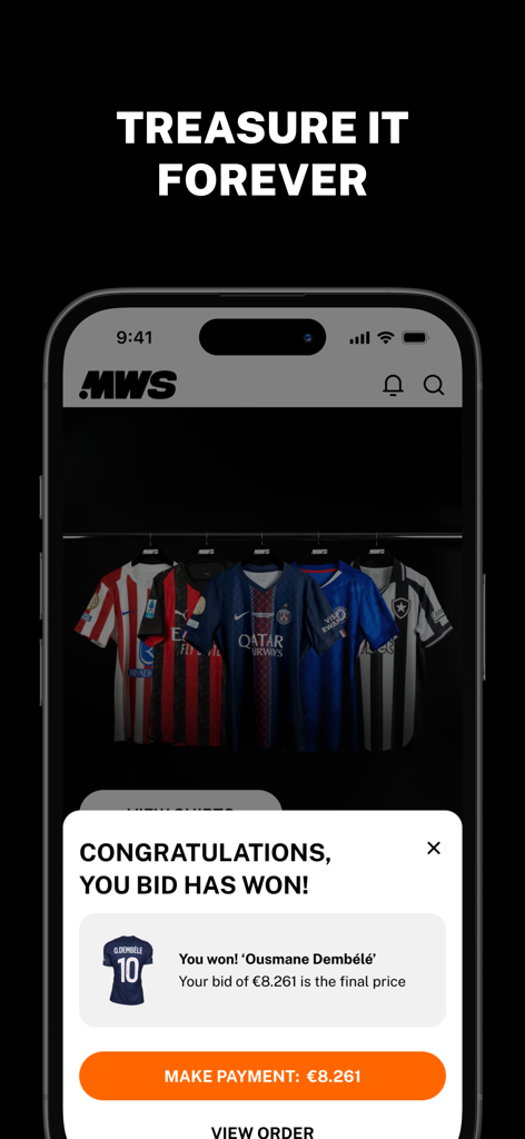 Capture d'écran de l'application MatchWornShirt montrant une notification de lot remporté pour un maillot d'Ousmane Dembélé et un bouton de paiement