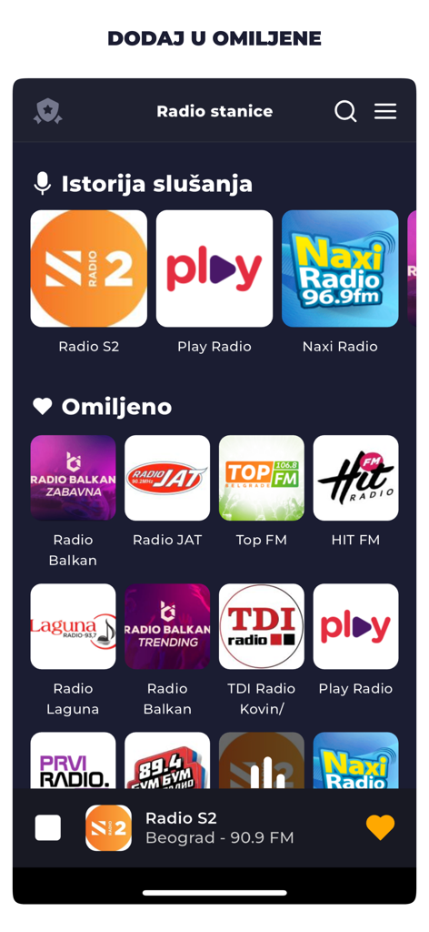 Radio Serbia FM Online Live - Interface do aplicativo Rádio Sérvia FM mostrando as seções de favoritos e histórico de audição com vários logotipos de estações de rádio sérvias