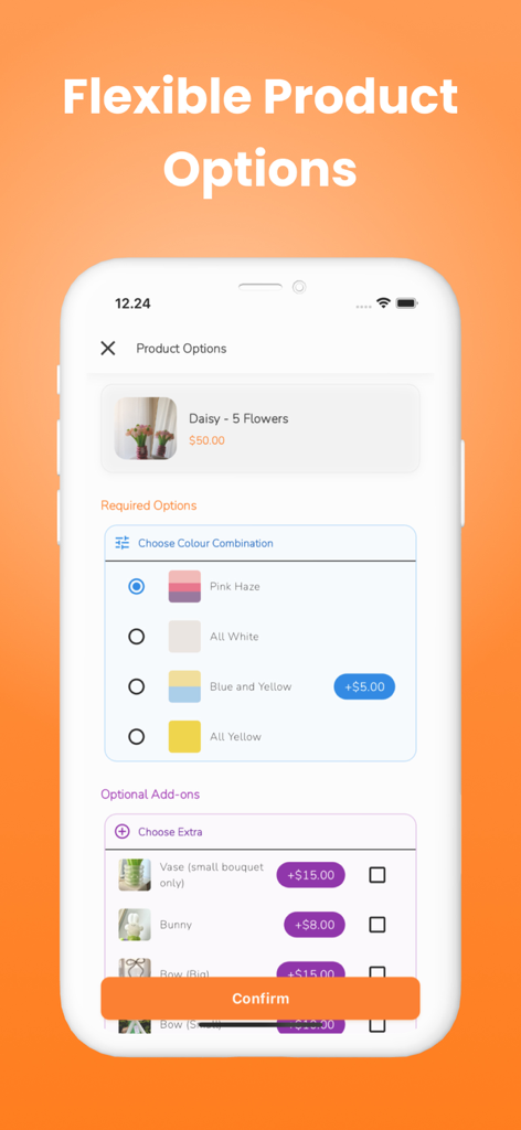 Rolly: Online Store Builder - Rolly mobile app interface showing flexible product customization options and optional add-ons for a small business store