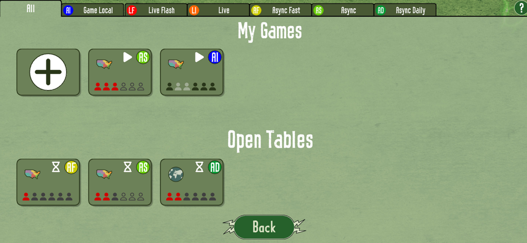 Lobby multijugador que muestra las partidas actuales y las mesas abiertas para el juego de mesa Power Grid