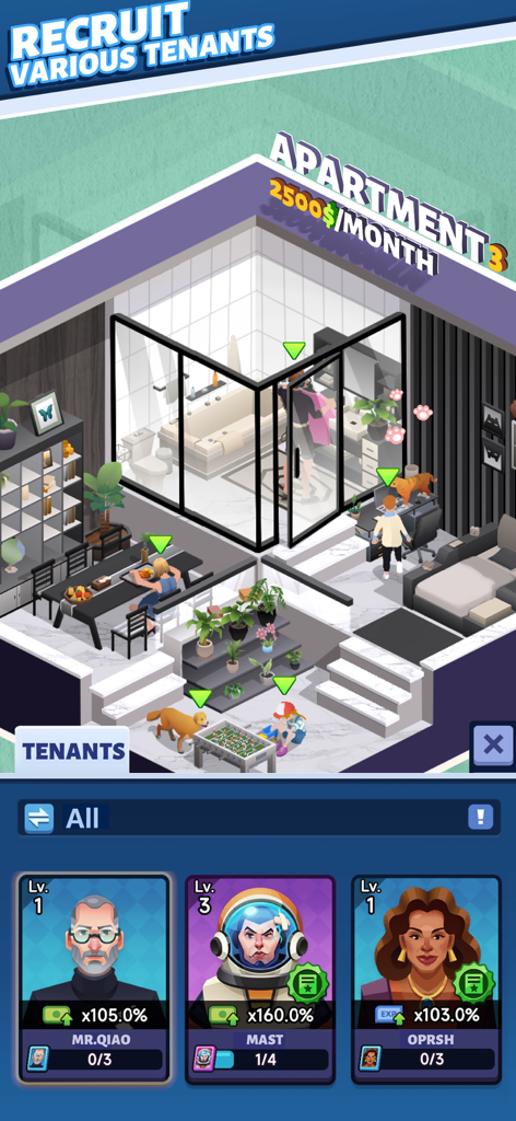 Gameplay screenshot of Idle Landlord Sim showing tenant recruitment and a cross-section of a modern apartment building.