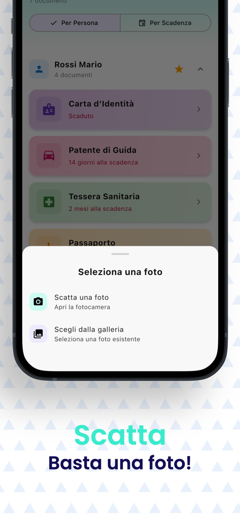 Cartesio: documenti importanti - Pantalla de la aplicación móvil Cartesio que muestra opciones para escanear o cargar documentos en una cartera de identificación digital con seguimiento de caducidad.