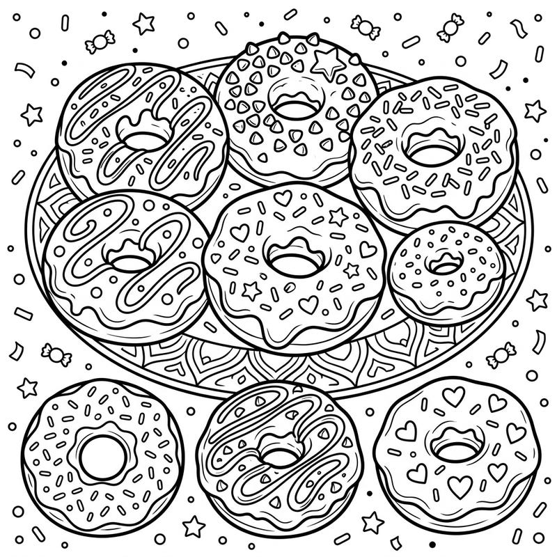Get ready for a deliciously fun coloring experience with our chocolate doughnuts page! Kids will love bringing these sweet treats to life with their favorite colors, complete with sprinkles, hearts, and drizzles.