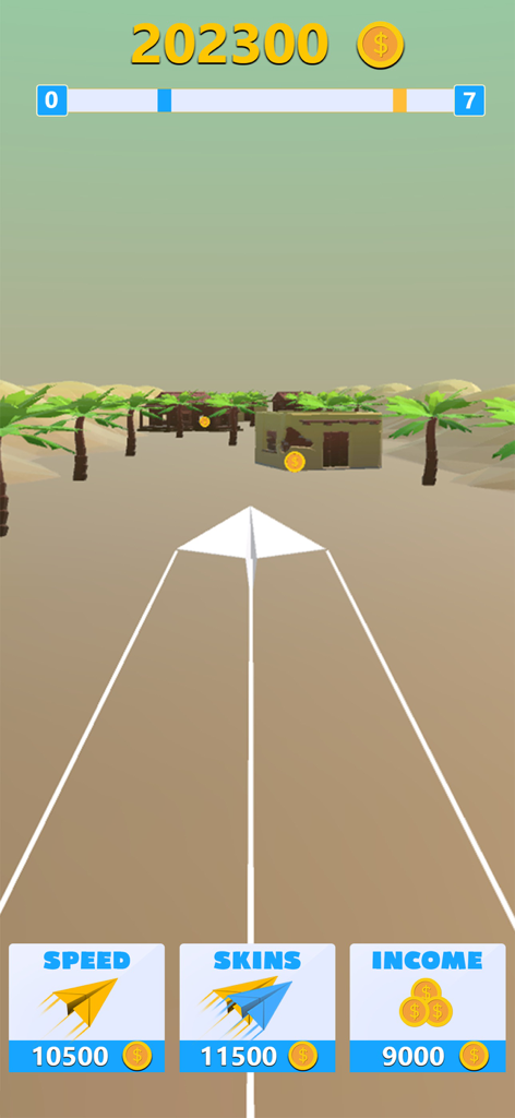 Fly Paper Plane Game - Un avión de papel blanco volando a través de un entorno desértico de baja poligonización con palmeras y botones de mejora del juego