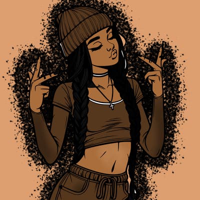 realistic teenage girl with braids and a beanie and crop top doing 🫶🏼