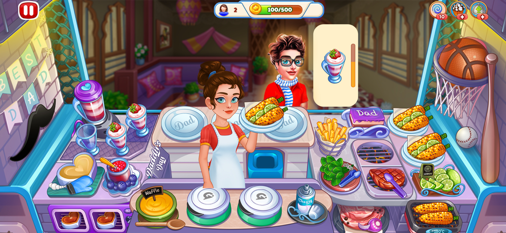 Cooking Express 2 - Food Games - Gameplay of Cooking Express 2 showing a female chef serving customers in a Father's Day themed restaurant
