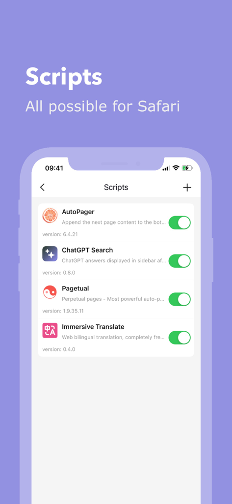 Addons - Scripts & Adblock - Interface of Addons app displaying a list of active Safari browser scripts for customization