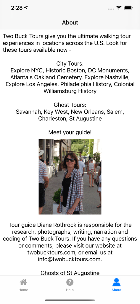 The about page of the Ghosts of St Augustine app showing a list of other available city tours and a photo of tour guide Diane Rothrock