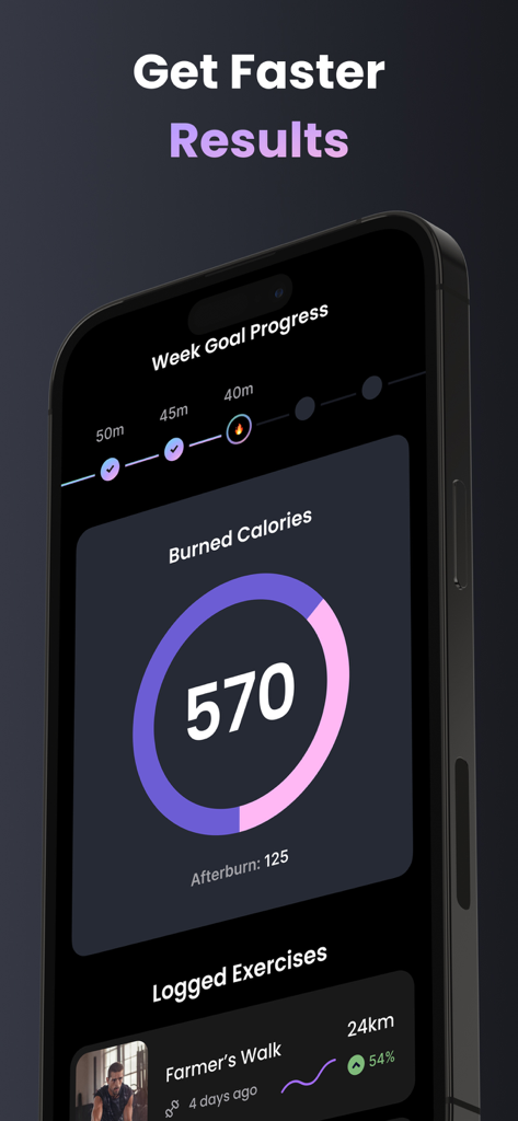 Fitonist app interface showing burned calories and weekly goal progress charts