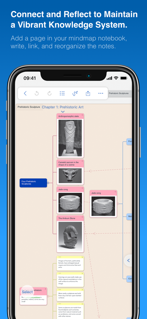 MarginNote 3 mindmap interface showing study notes and images of prehistoric sculptures