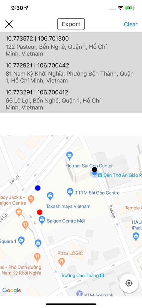 Interfaz de la aplicación Location Picker que muestra una lista de coordenadas GPS guardadas con direcciones y sus marcadores correspondientes en un mapa.