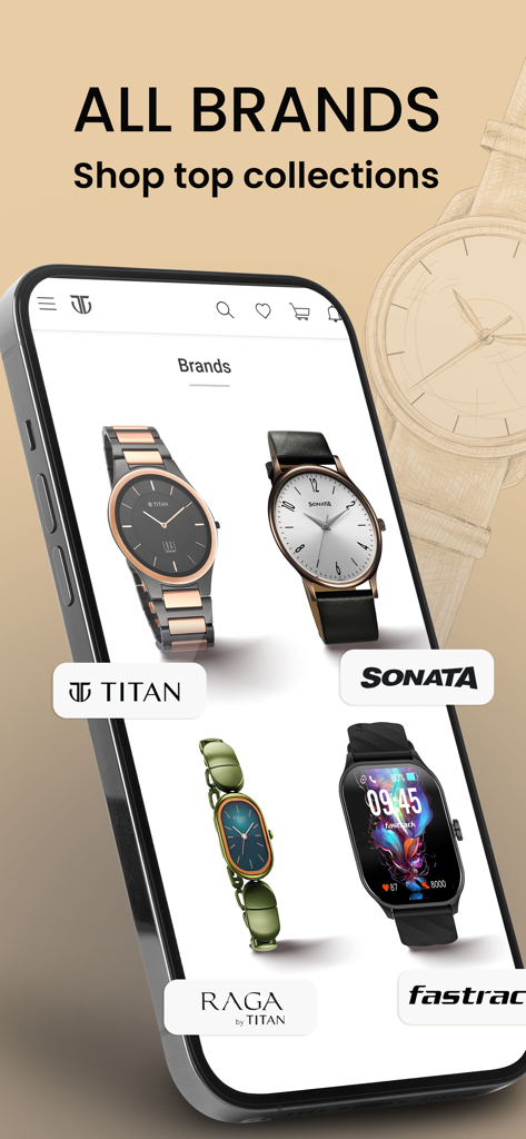 Titan World - Titan World app screen displaying watch collections from Titan, Sonata, Raga, and Fastrack.