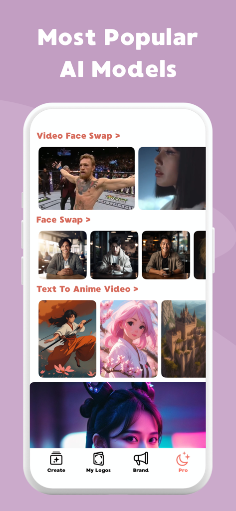 Logify: AI Logo Maker & Design - Interface de l'application Logify affichant divers modèles IA tels que Video Face Swap et Text To Anime Video.