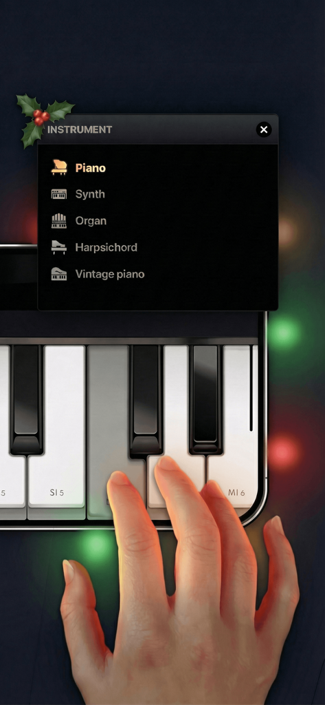 Realistic digital piano keyboard app with instrument selection menu and hand playing notes.