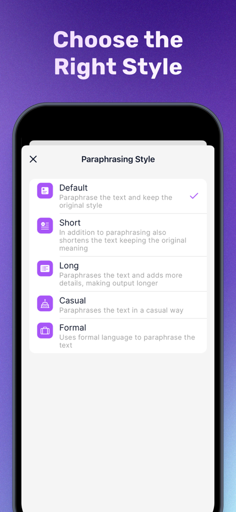 Paraphrase - Rewrite Tool - Una pantalla que muestra varias opciones de estilo de escritura en la aplicación Parafrasear como Formal y Casual