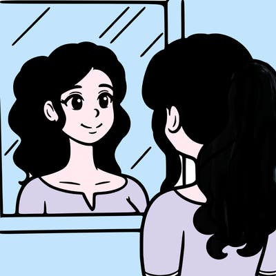 a woman looks at her reflection in the mirror