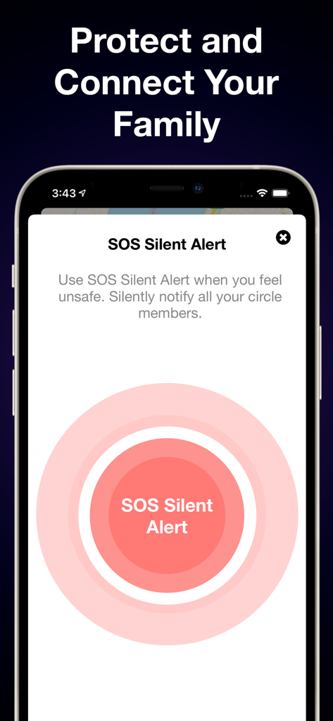 Tela de alerta silencioso SOS no aplicativo Safe Find Friends Navigation.