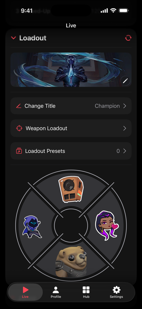 VALPAW mobile app screen showing loadout customization options and a spray wheel for Valorant