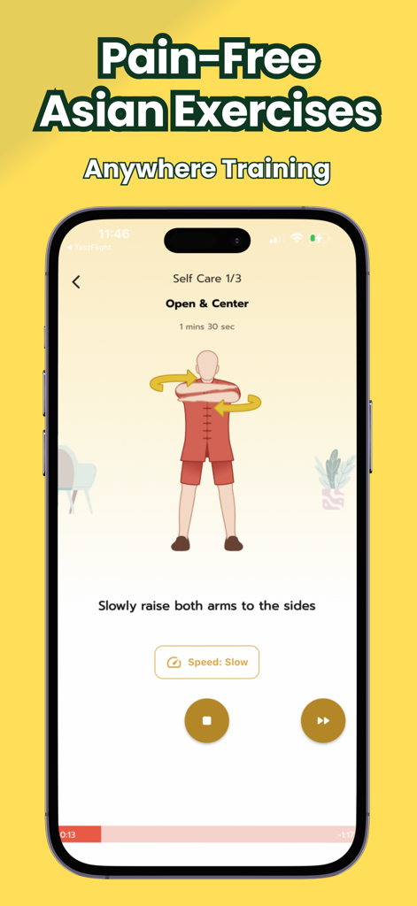 Tai Chi for Beginners Daily - Interfaz de la aplicación Tai Chi para Principiantes que muestra un ejercicio de movimiento suave guiado con instrucciones de velocidad lenta