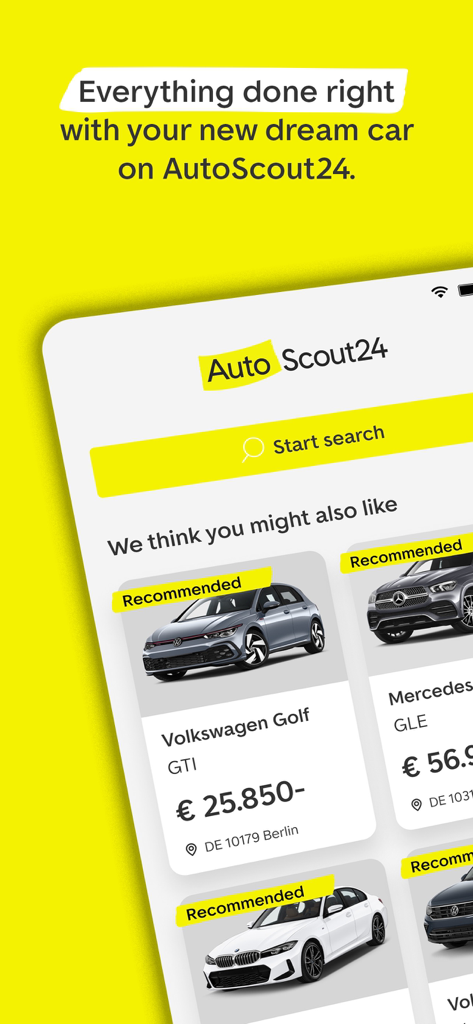 Pantalla de anuncios de coches de AutoScout24 mostrando una barra de búsqueda y coches europeos recomendados como Volkswagen y Mercedes