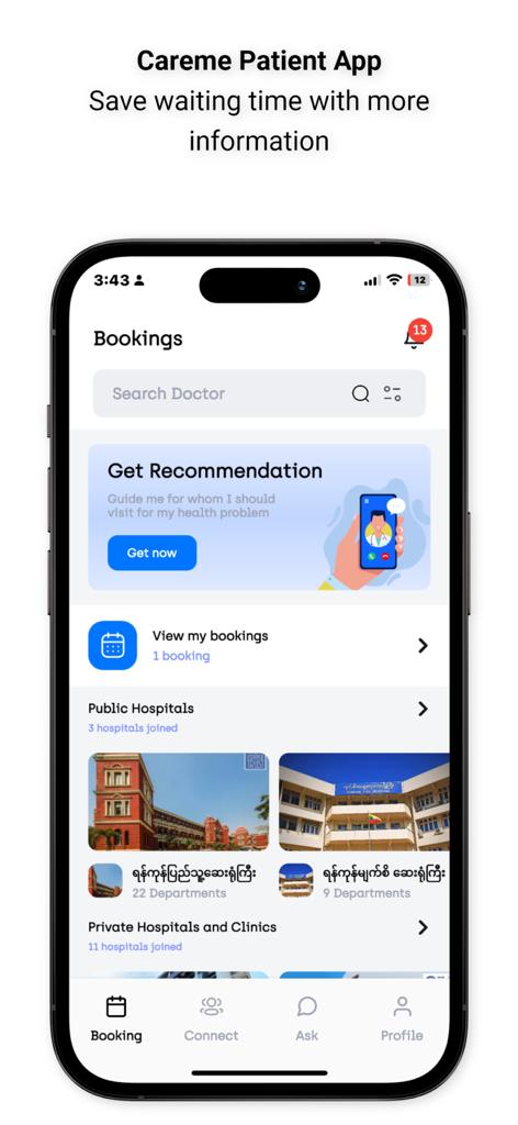 Careme Patient App-Oberfläche mit Arzt-Such- und Krankenhausbuchungsoptionen