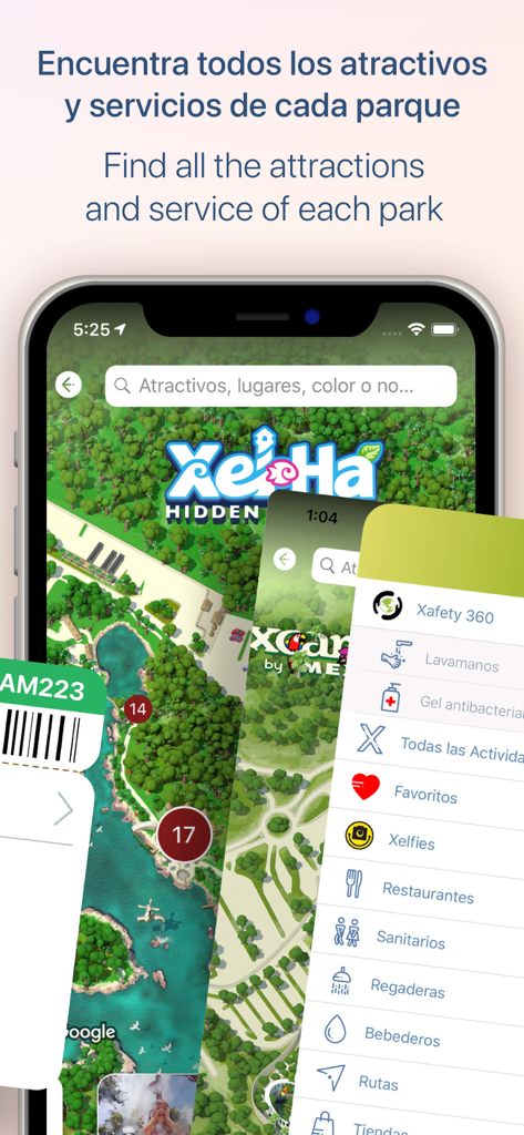 Xcaret app interface showing an interactive park map of Xel-Ha with a list of available services and attractions.