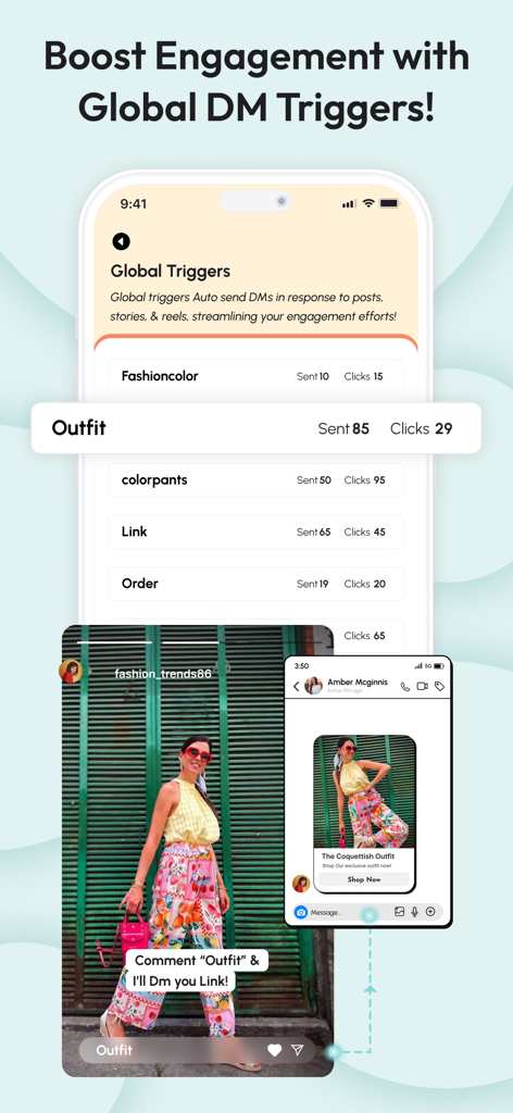 ReplyRush Comment Auto Reply - Dashboard showing global DM triggers and automated keyword responses for Instagram engagement.