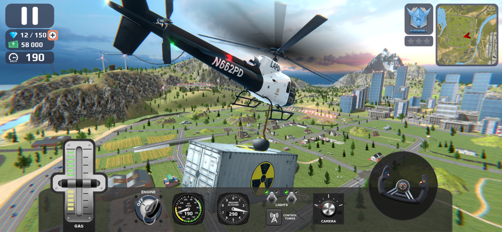 Police vs Gangster Crime City - Police helicopter using a magnet to lift a radioactive container in an open world city landscape