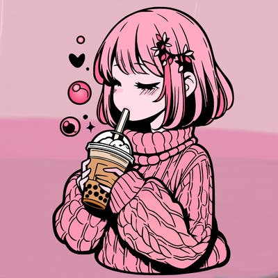 manga girl drinking boba in cozy sweater