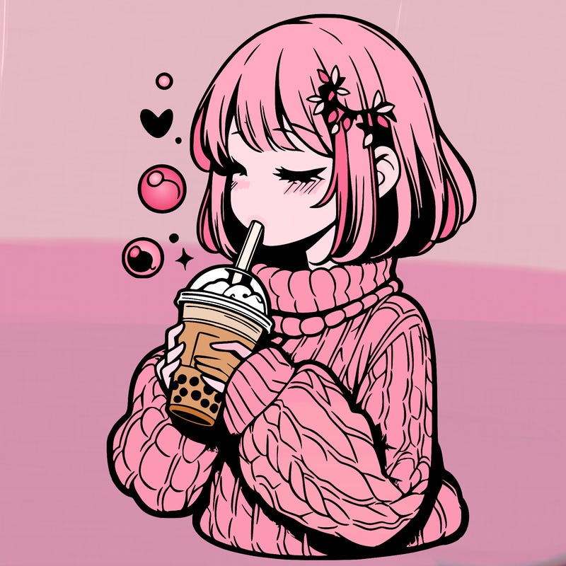 manga girl drinking boba in cozy sweater