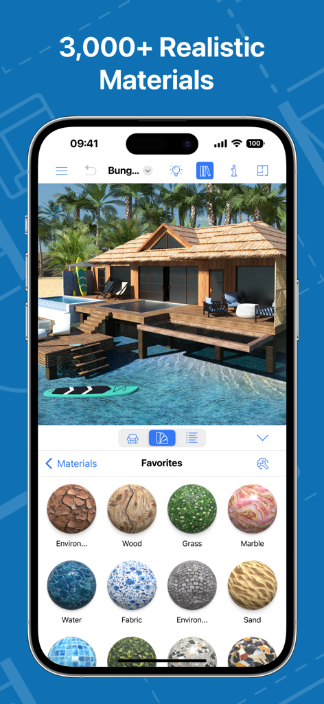 Interface d'une application de design de maison 3D montrant un bungalow tropical et une sélection de textures réalistes incluant du bois, du marbre et de l'herbe