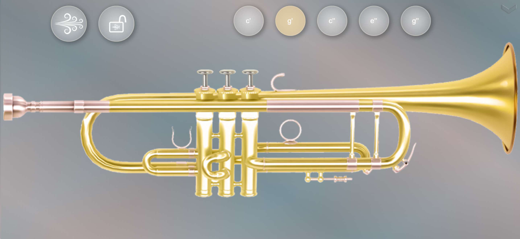 Music World + - A virtual golden trumpet interface in the Music World plus app with note selection buttons.