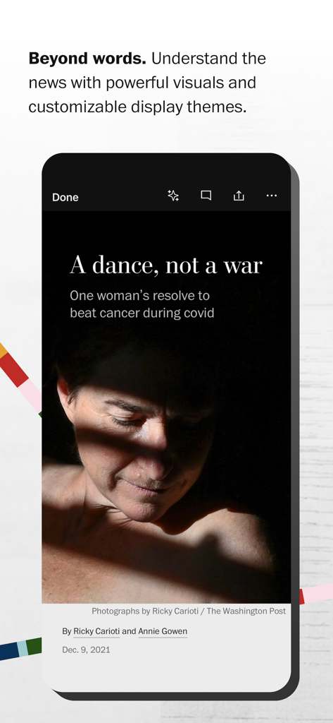 A Washington Post app news story featuring a powerful full-screen photograph and a dark display theme.
