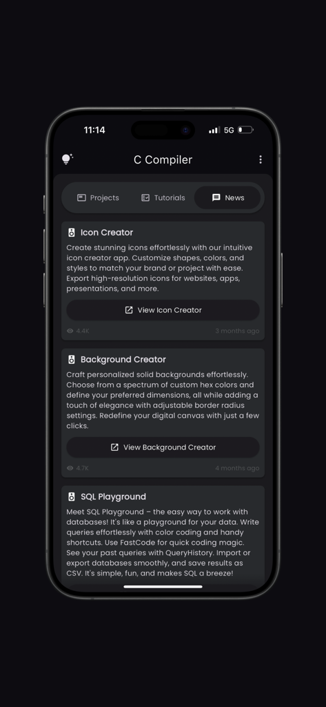 C Compiler App News-Bereich mit Entwicklertools wie Icon Creator, Background Creator und SQL Playground.