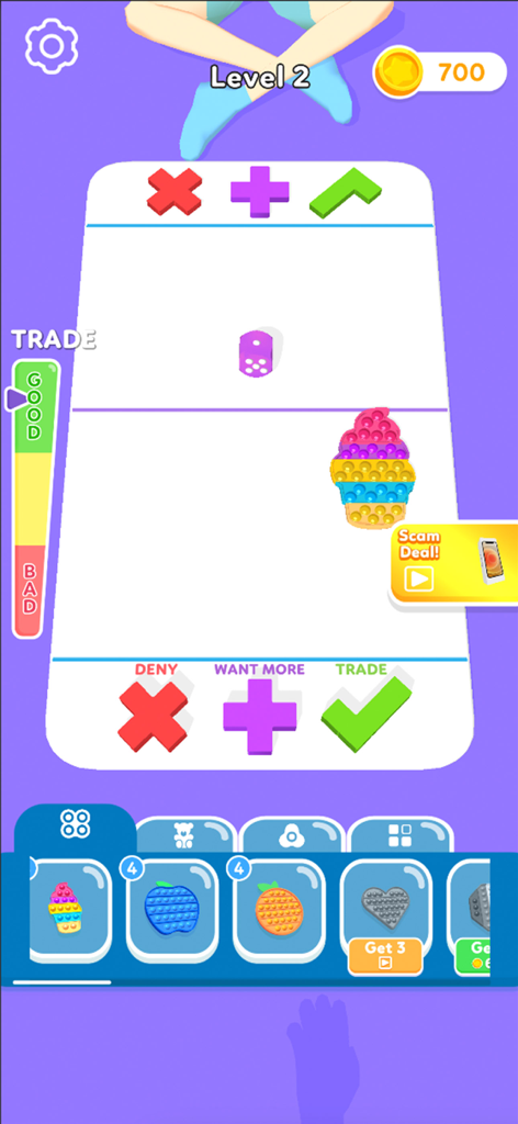 A screenshot of Fidget Trading 3D showing a toy trade interface with a rainbow ice cream pop-it and trading buttons.