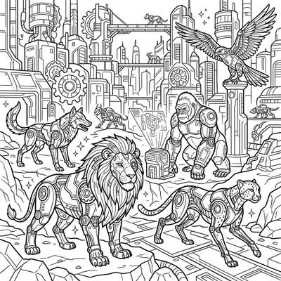 Dive into an extraordinary realm where the wild meets advanced technology with this captivating cyborg animal coloring page. Bring to life a scene of powerful mechanical beasts set against a sprawling futuristic cityscape, perfect for imaginative colorists.