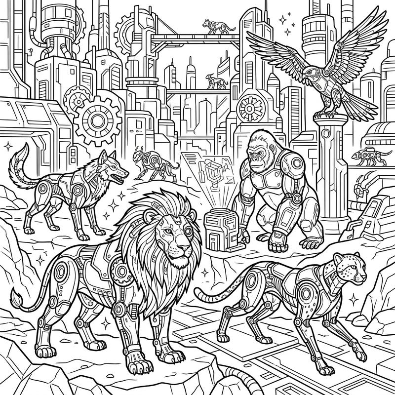 Dive into an extraordinary realm where the wild meets advanced technology with this captivating cyborg animal coloring page. Bring to life a scene of powerful mechanical beasts set against a sprawling futuristic cityscape, perfect for imaginative colorists.
