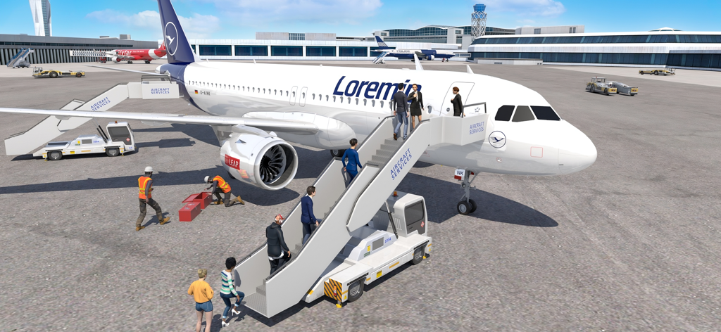 Airplane Pilot Airport Tycoon - Pasajeros abordando un avión comercial a través de escaleras móviles en el asfalto de un aeropuerto con tripulación de tierra presente.