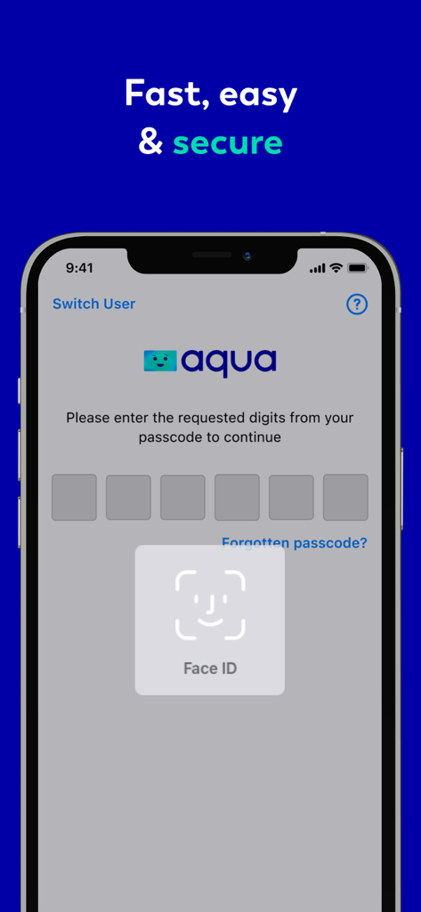 Aqua credit card app login screen featuring secure Face ID authentication and passcode entry