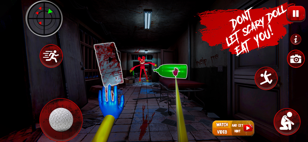 Visão em primeira pessoa de um jogo de fuga de sobrevivência em um corredor de hospital escuro com um monstro de boneca vermelha assustador