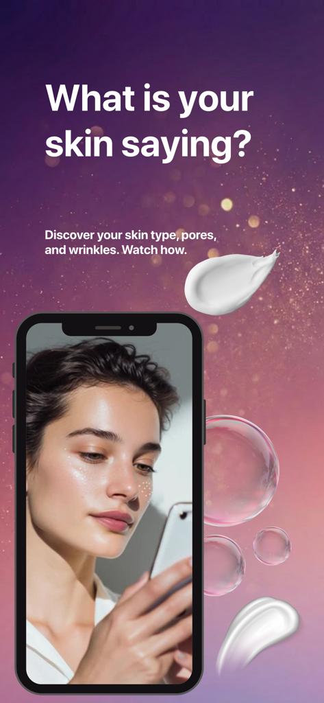 A woman using the Smart Beauty app to analyze her skin type pores and wrinkles via a selfie