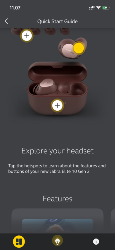 Jabra Sound plus app Quick Start Guide showing interactive hotspots for the Elite 10 Gen 2 earbuds and charging case