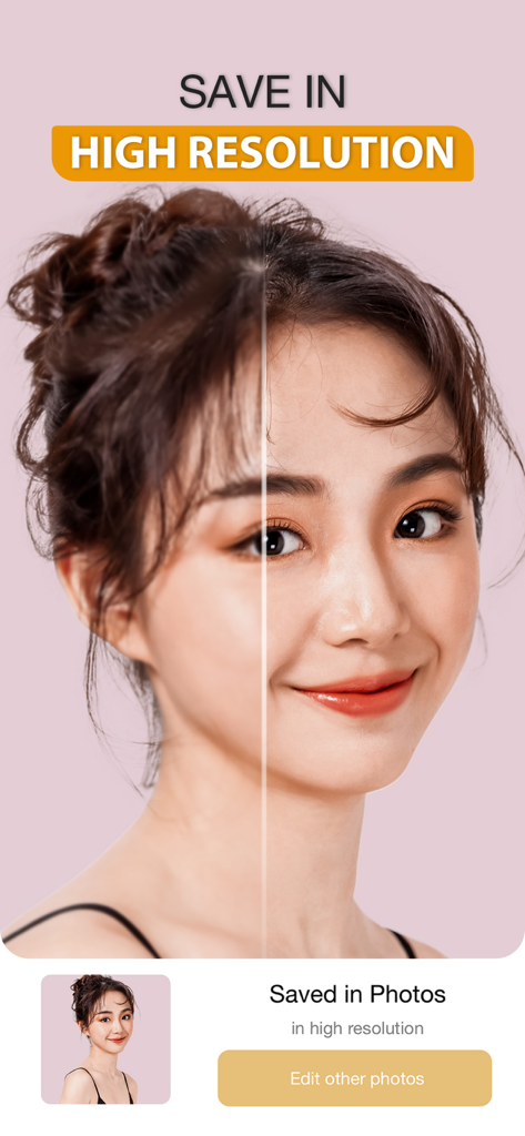 Perfect365 Makeup Photo Editor - Eine Demonstration der hochauflösenden Foto-Speicherfunktion in der Perfect365 App, die einen Vergleich der Bildqualität auf einem geteilten Bildschirm zeigt.