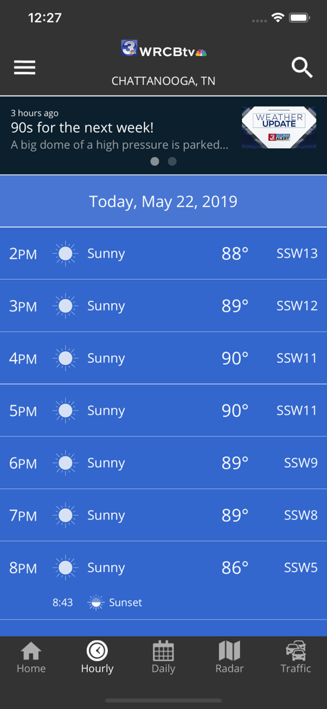 Local 3 Weather - Local 3 Weather hourly forecast screen for Chattanooga TN