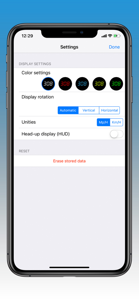 Settings interface of the GPS Speedometer COA app showing display and unit customization options