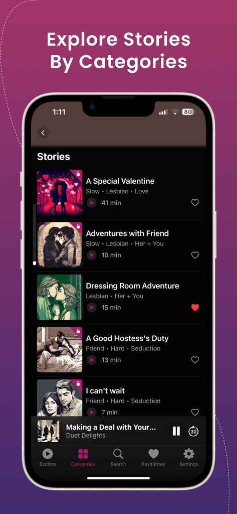 Erotica : Sexual Spicy Stories - Smartphone-Oberfläche, die eine Liste von pikanten Hörgeschichten zeigt, kategorisiert nach Themen wie Lesbisch und Langsame Romantik.