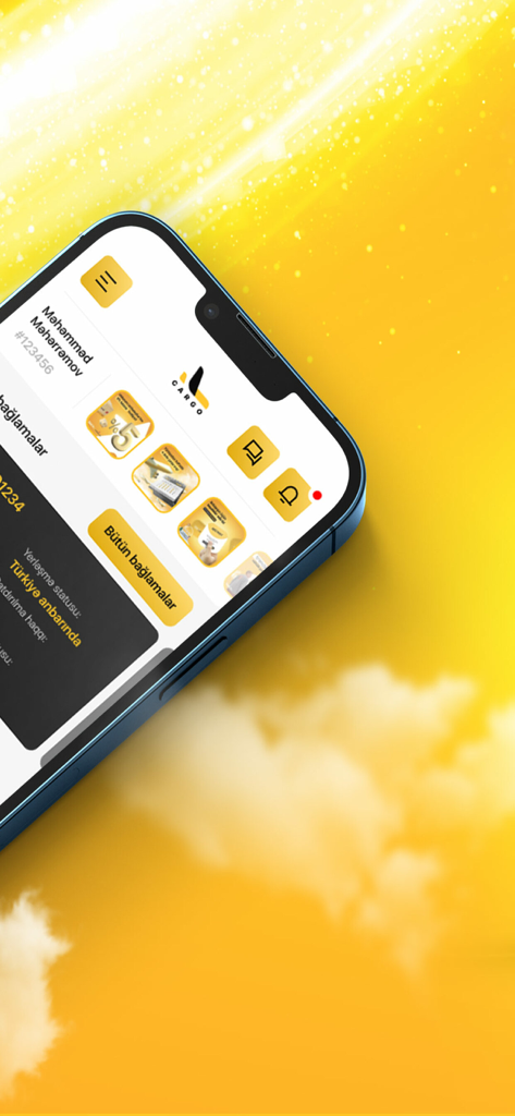 Smartphone, das die 166Cargo App-Oberfläche für internationalen Versand und Paketverfolgung mit hellem gelbem Hintergrund anzeigt.